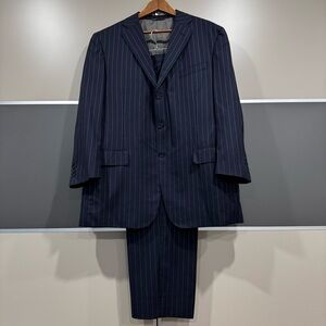 Trussini Linea Nuova Mens Suit Sz 46 Navy Blue Striped 100% Wool Super 110’S